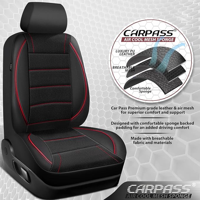 CAR PASS Mesh Leather Car Seat Covers Full Set,Breathable Mesh Faux Leather Seat Covers for Car, Universal Fit for SUV Truck Sedan Automotive, Airbag Compatible, Black and Red