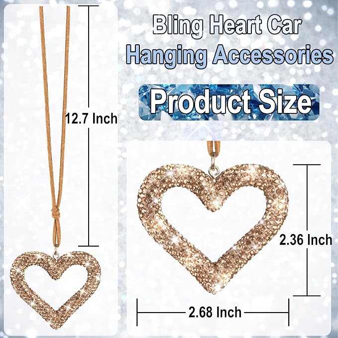 Bling Heart Car Hanging Accessories, Car Accessories for Women, Bling Rear View Mirror, Universal Bling Heart Diamond Car Accessories for Cars, Trucks, SUVs (Golden)