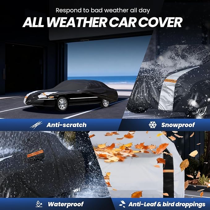 Multi-Layer Car Cover Custom Fit for Lincoln Town(1981-2011), 100% Waterproof All Weather for Automobiles, Gift with Towel, Heavy Duty Car Covers for Rain Sun UV Protection with Door Zipper.