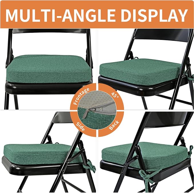 SINOSSO Memory Foam Chair Cushion for Folding Chair 1 Pcs, Thickened 2" Square Kitchen Chair Pad with Ties, Indoor Non-Slip Dining Chair Seat Cushion (1 Piece, Green)