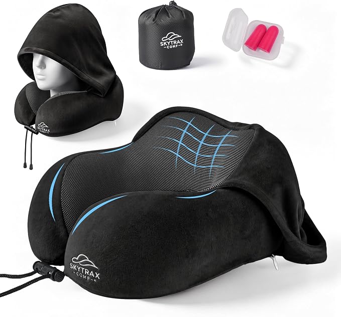 SkytraxComf® Travel Neck Pillow with Hood for Privacy on Long Flights | Memory Foam | Airplane Sleep | Safety-Tested Materials | Extra Large Hood | Chin Support | Earplugs | Washable Cover