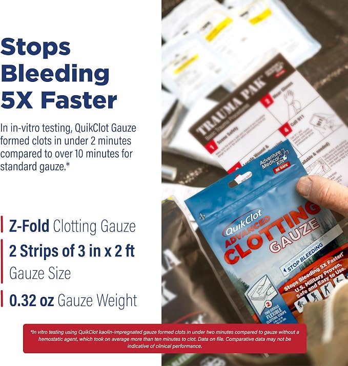 Adventure Medical Kits QuikClot Advanced Clotting Gauze - Stops Bleeding up to 5X Faster Than Standard Gauze - Kaolin Hemostatic Dressing - for First Aid Kits & Survival Gear - 3 x 24 (2 Strips)