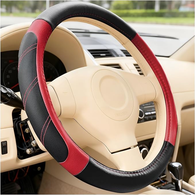 Car Steering Wheel Cover, 14.5-15" Non-Slip Soft Leather Breathable Sporty Steering Wheel Protector, Comfortable Automotive Interior Protection Accessories, Universal for Vehicles (Black/Red)
