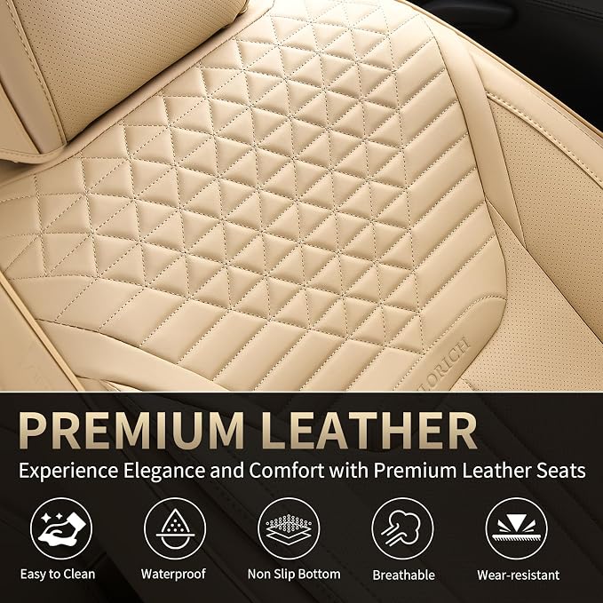 FLORICH Car Seat Covers for Front Seats, Universal Seat Cushion 2 Seats, Car Seat Protector Waterproof, Premium Leather Automotive Seat Covers for Most Cars, Sedans, SUVs, and Trucks-Beige