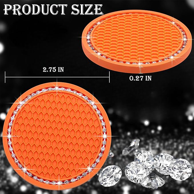 2PCS Bling Cup Holder Coaster, 2.75 Inch Auto Car Cup Holder Insert Coasters, Soft Silicone Anti-Slip Shockproof, Universal Vehicle Interior Accessories for Women Girls (Orange & White)