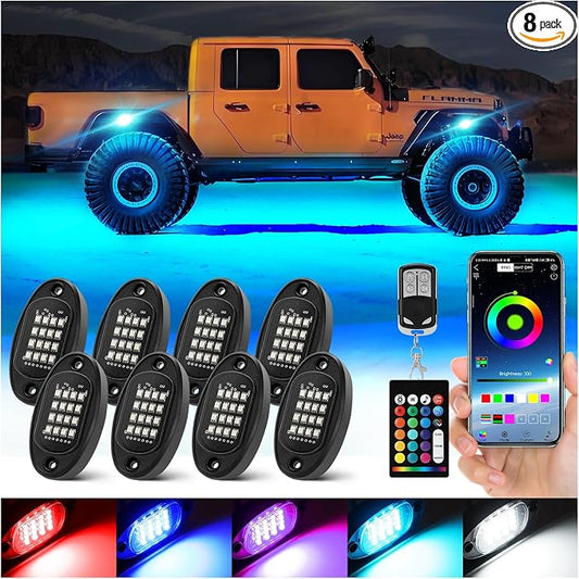 8 Pods Segmented RGB LED Rock Lights for Trucks Golf Cart Offroad Pickup SUV UTV, 12V Waterproof Underglow Lights Kit with APP/RF Multi Zone Control, Neon Multicolor Underbody Light with Brake