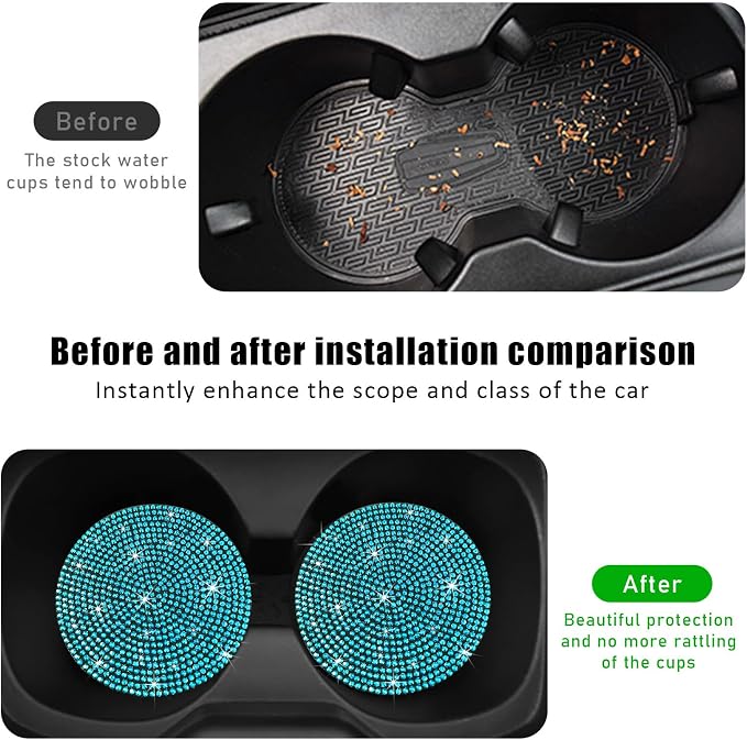 Ziciner 2PCS Bling Car Cup Holder Coaster, 2.73 Inch Anti-Slip Cup Insert Coasters, Crystal Rhinestone Auto Drink Cup Mat, Universal Interior Decor Car Accessories for Women Girls (Light Blue)