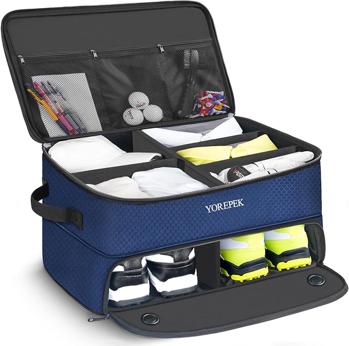 YOREPEK Golf Gifts for Men, 2 Layer Golf Trunk Organizer for 2 Pair Shoes | Waterproof Car Trunk Locker with Separate Ventilated Compartment for Balls, Tees, Clothes, Gloves, Birthday Gifts for Golfers