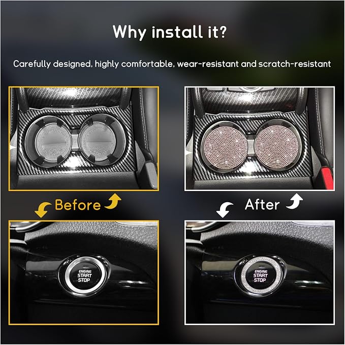 Ziciner 2 Pack Bling Car Cup Holder Coaster, Anti-Slip Auto Insert Coaster with Start Stop Button Cover, Universal Shiny Crystal Vehicle Interior Accessories for Women and Girls (Golden)