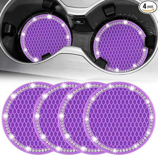 JUSTTOP Bling Cup Holder Coasters for Car,4PCS Universal Non-Slip Cup Holder,Rhinestone Decorative Coasters,Crystal Car Interior Accessories for Women(Purple)