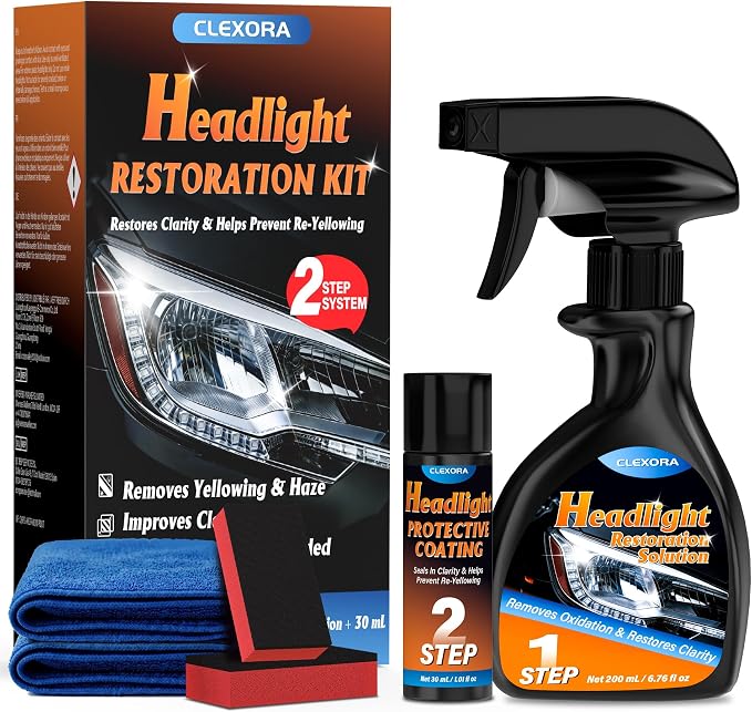 Headlight Restoration Kit, Complete DIY Car Headlight Cleaner, Restorer and Polish for Yellowing & Oxidation, Restores Like-New Clarity with UV Clear Coat and Accessories