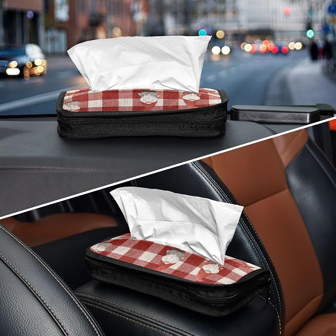 Car Visor Tissue Holder Mask Holder for Car, Car Tissue Box Sun Visor Napkin Holder Car Visor Accessories Adjustable Straps Reusable Durable Easy to Install Red Checkered Cute Gnome