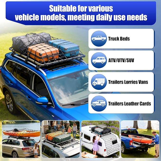 Funmit 4 x 6 Ft Cargo Net for Roof Basket and Pickup Bed, Nice Elasticity Stretches to 8 x 12 Ft with 24 Carabiners, Bungee Cargo Netting Design for Most Car Models
