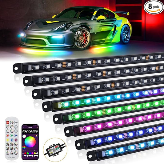 8PCS Led Underglow Light for Car,Dream Color Chasing Underglow Light Kit with APP&Remote Control,Waterproof Aluminum Exterior Underbody Multicolor Music Sync Neon Accent Lights-2 Year Warranty