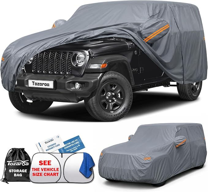 Jeep Wrangler 4 Door Cover Waterproof All-Weather,Outdoor Full Exterior SUV Car Cover for Wrangler JKU JLU(2007-2026),with Windshield Sun Shade,Towel&Storage Bag,Size J4 (See SizeChart)