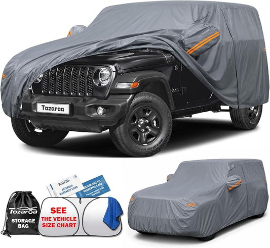 Jeep Wrangler 4 Door Cover Waterproof All-Weather,Outdoor Full Exterior SUV Car Cover for Wrangler JKU JLU(2007-2026),with Windshield Sun Shade,Towel&Storage Bag,Size J4 (See SizeChart)