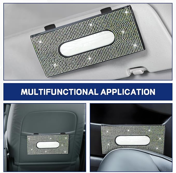 Bling Car Tissue Holder for Sun Visor, Crystal Rhinestone Visor Tissue Box, Leather Vehicle Paper Towel Case, Sparkling Auto Napkin Holder for Women, Car Accessories Decoration (Colorful)