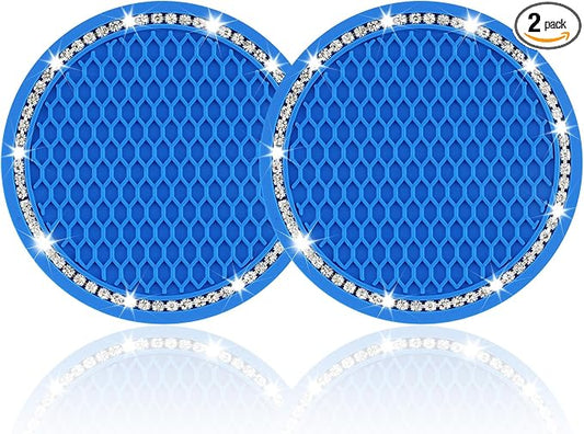 JUSTTOP Car Cup Holder Coaster, 2 Pack Universal Auto Anti Slip Cup Holder Insert Coaster, Bling Crystal Rhinestone Car Interior Accessories-Deep Blue