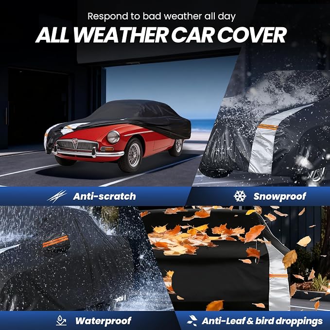 Multi-Layer Car Cover Custom Fit for MG MGB(1962-1981), 100% Waterproof All Weather for Automobiles, Gift with Towel, Heavy Duty Car Covers for Rain Sun UV Protection with Door Zipper