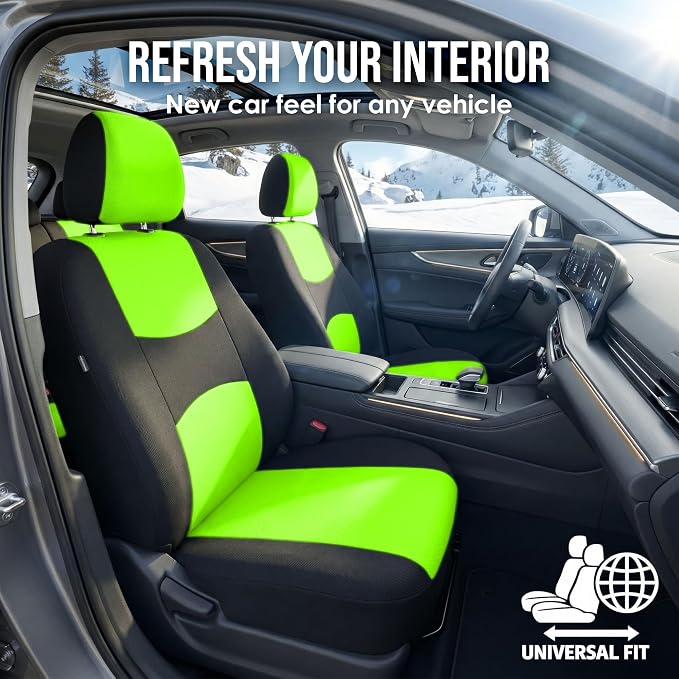 FH Group Car Seat Covers Full Set Cloth - Universal Fit Automotive Seat Covers, Low Back Front Seat Covers, Solid Back Seat Cover, Washable Car Seat Cover for SUV, Sedan and Van Green