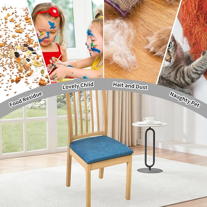 HAOYONG Waterproof Chair Seat Covers with Elastic Ties, Dining Room PU Chair Cover Seats Removable Washable Chair Protector Seat Cushion Slipcovers for Home, Kitchen (4PCS-Blue)
