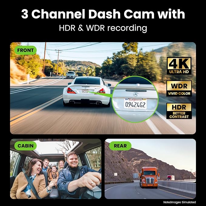 GEARit 3 Channel Dash Cam, 4K Front and Rear Dash Camera for Cars with Interior Camera, Triple Dashcam Front and Back, Night Vision, Loop Recording, Parking Mode Ready, 24-Month Warranty