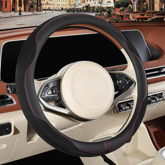 Nappa Leather Ice Silk Fabric Black Steering Wheel Cover | Non-Slip Breathable Soft Car Accessories, Warm in Winter and Cool in Summer Universal 14.5 inch to 15 inch