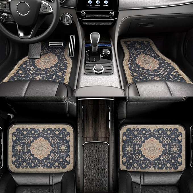 Vintage Persian Navy Car Floor Mats 4-Pack Boho Rug Style | Boho Persian car floor mats 4-piece set, navy medallion rug print, fits sedans SUVs trucks, non-slip