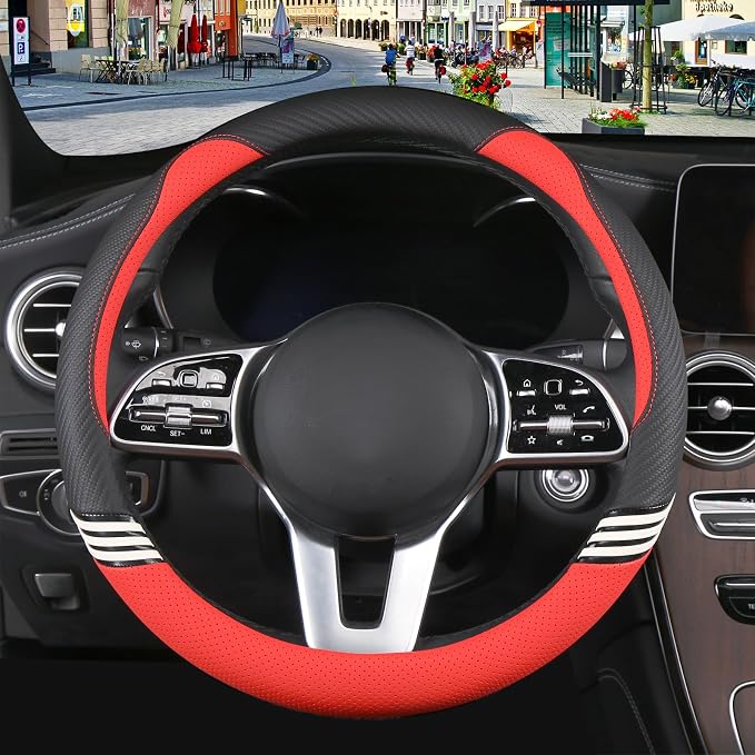 15 inch Cute Leather Steering Wheel Cover Black and Red | Breathable Non-Slip Faux Leather and Carbon Fiber Car Accessories for Women Men Universal 14.5 inch to 15 inch