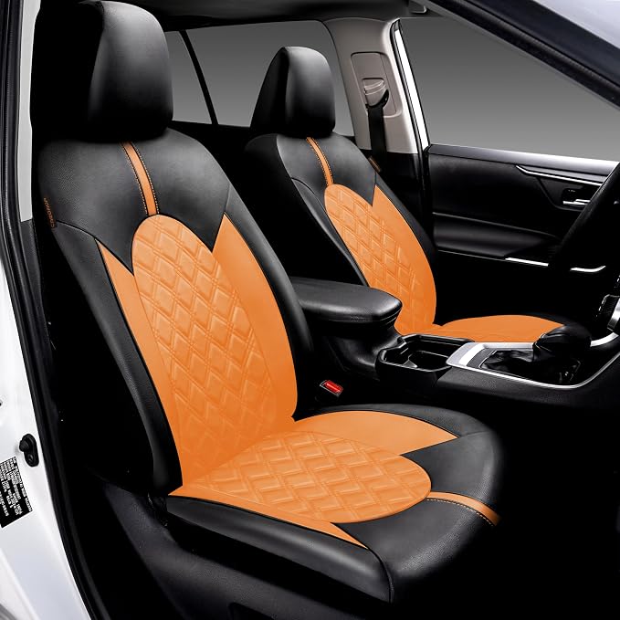 CAROMOP Luxury PU Leather Car Seat Covers Full Set-Waterproof Seat Protectors with Split Bench Seat Covers for Cars-Universal Cars Interior Covers for Sedans, SUVs, Pick-up Trucks(Orange Brown)