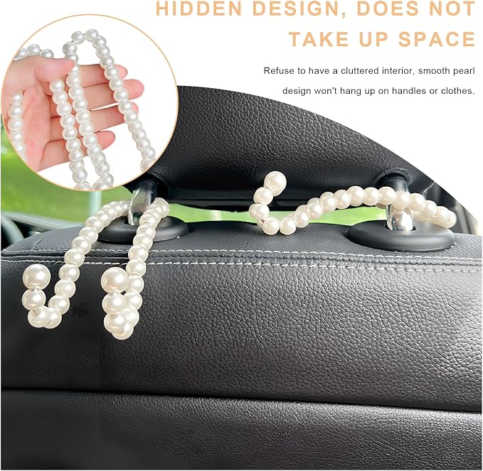 2PCS Elegant Pearl Car Seat Headrest Hook, Cute Pearl Car Seat Back Hook Storage Organizer, Exquisite Headrest Hanger Purse Holder Interior Decoration for Women Girls