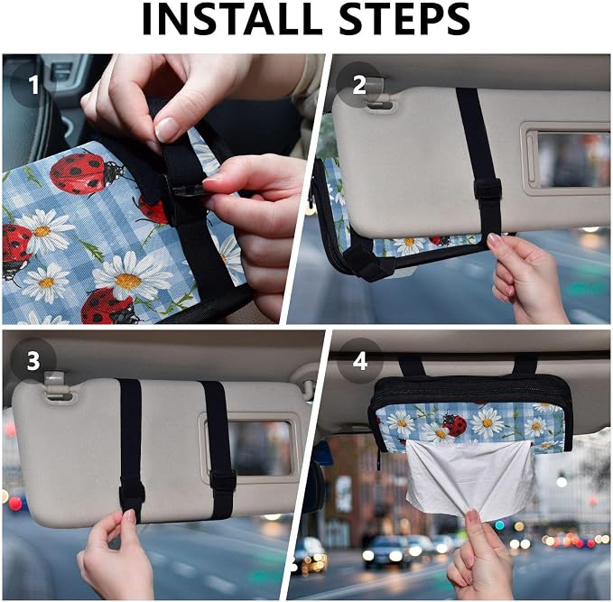 Blue Plaid Ladybugs Daisy Car Tissue Holder Durable Napkin Holder Hanging Tissue Holders Case Car Tissues Bag for Sun Visor Seat Back Universal Auto