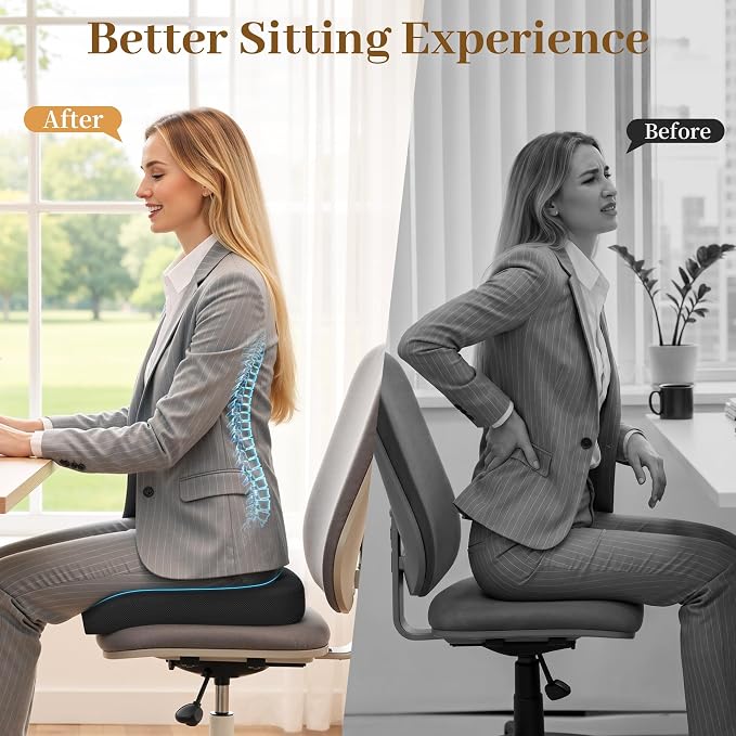 TranquilRelax XLarge Seat Cushion，Soft Foam Cushion for Long Sitting Hours on Office Chair, Home & Car, Non-Slip Chair Pad for Relieving Back & Sciatica & Hip & Coccyx Pain (Black)