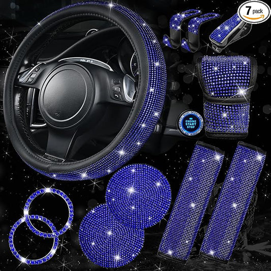 CAR PASS 11 PCS Bling Diamond Car Accessories for Women, Sparkly Rhinestone Steering Wheel Cover, Bling Seat Belt Cushion, Glitter Shift Knob Cover, Car Cup Holder Coaster, Cute Interior Sets Blue