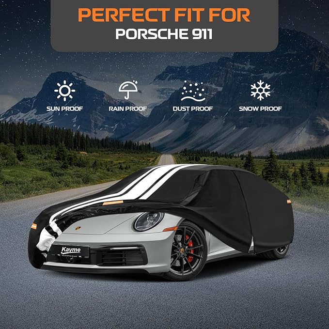 Kayme Porsche 911 Car Cover Waterproof All Weather, Custom Fit for Porsche 911 991 992 996 997 Carrera Targa (1997-2026) with Tape/Towel, Outdoor Full Exterior Cover Rain Snow Sun UV Protection.