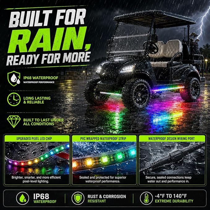 Roykaw Golf Cart LED Strip Lights, Underglow Neon Light Kit Compatible with EZGO/Club Car/Yamaha and Most Brands Golf Carts, Waterproof/LED Decorative Lights/Multi-Dynamic Modes, 4PCS
