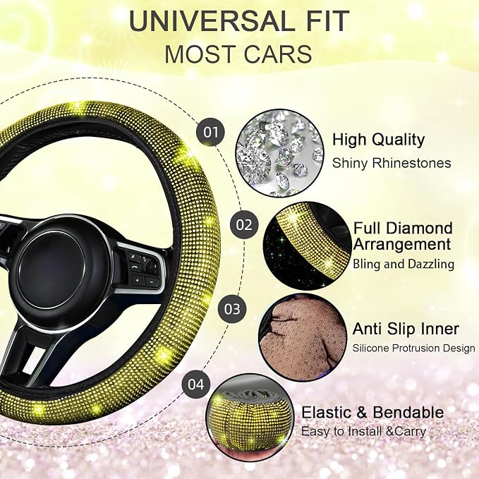 NBTEPEM Bling Car Floor Mats Full Set and Steering Wheel Cover, Universal Fit Most Cars, 4 pcs Sparkle Glitter Diamond Carpet, 5 pcs Bling Car Accessories Set for Women (Yellow Diamond)