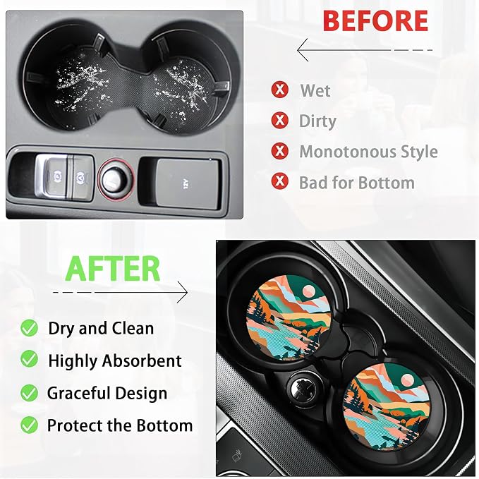 Mountain Car Cup Holder Coaster,Forest Tree Lake Sunset Car Coasters for Cup Holder,2 PCS Absorbent Insert Ceramic Car Assecories with Cork Back & Finger Notch for Women Men
