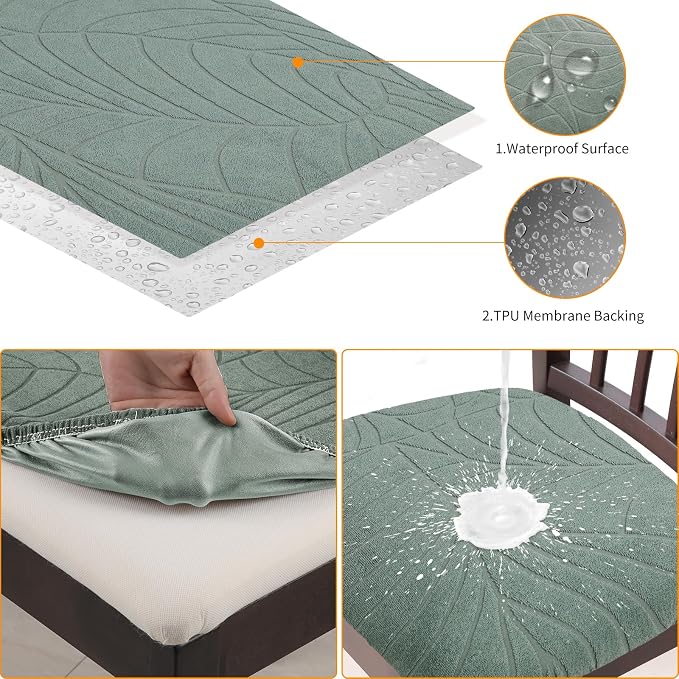 Fuloon Waterproof Seat Cushion Covers 6 PCS, Stretch Dining Room Chair Covers Washable Kitchen Chair Slipcover Protector Removable (Green)