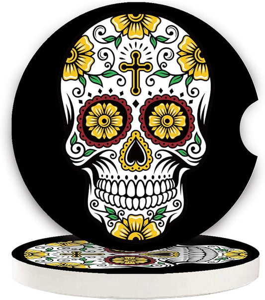 Sugar Skull Small 2.56" Absorbent Auto Coasters 2 Pack - Ceramic, Absorbs Spills, Keeps Cupholders Clean