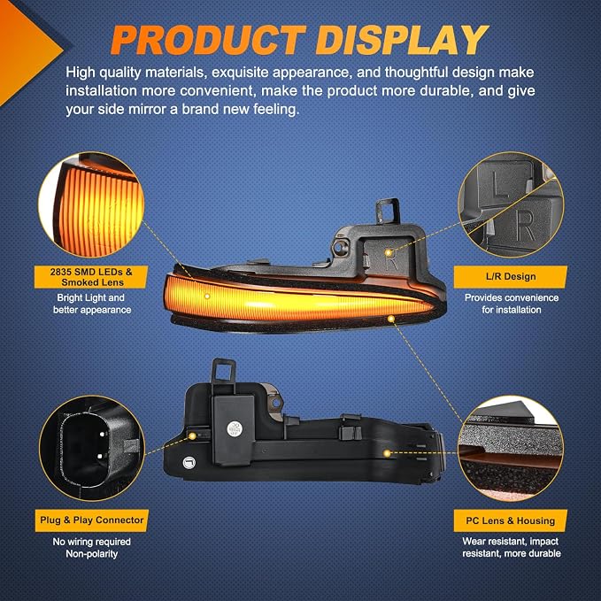 Nilight Side Mirror Marker Light Sequential Amber Left Right Turn Signal Lights Smoked Lens Plug and Play Waterproof Compatible With Toyota Tacoma RAV4 XA50 Highlander XU70