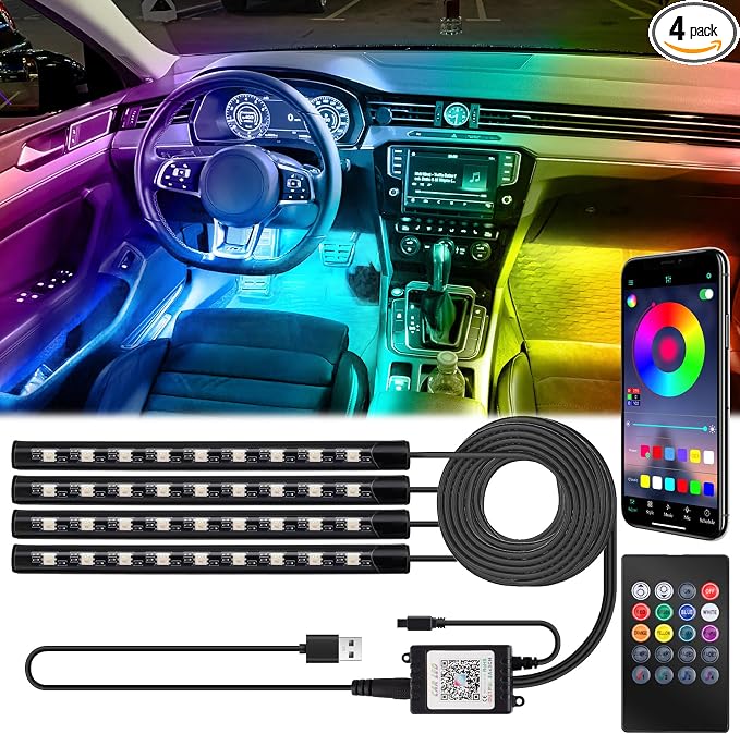 BFXM Car Interior Lights, Car Accessories Interior, 5V LED Strip Lights with USB Adapter, Ambient Lighting, App & Remote Control Music Sync Color Change Lights for Truck Car Decor