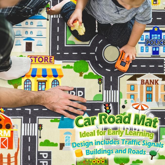 Car Rug Play Mat for Kids Toy Cars, City Road Traffic Playmat for Kid Bedroom, Non-Slip Machine Washable Kids Rugs for Learn and Have Fun 3'x4'/ 36"x48", Beige