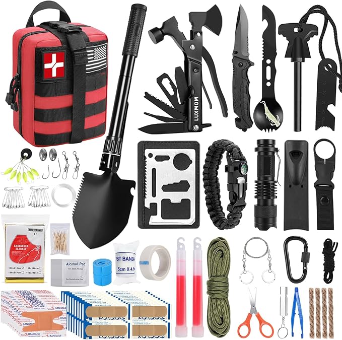 LUXMOM Survival Kit and First Aid Kit, 142Pcs Professional Survival Gear and Supplies Equipment with Molle Pouch, Gift for Fathers Day Men Dad Husband Camping Hiking Hunting Outdoor Adventure