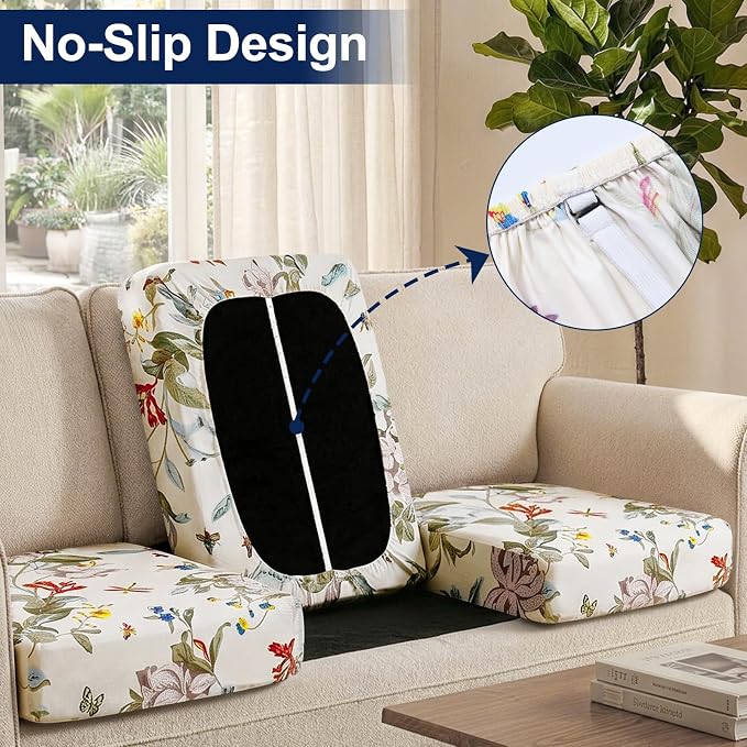 Smiry Waterproof Patio Cushion Covers, Stretch Outdoor Couch Slipcovers Replacement Washable Furniture Protector Sofa Chair Seat Cover for Dogs and Pets (8 Pcs, Beige and Green)