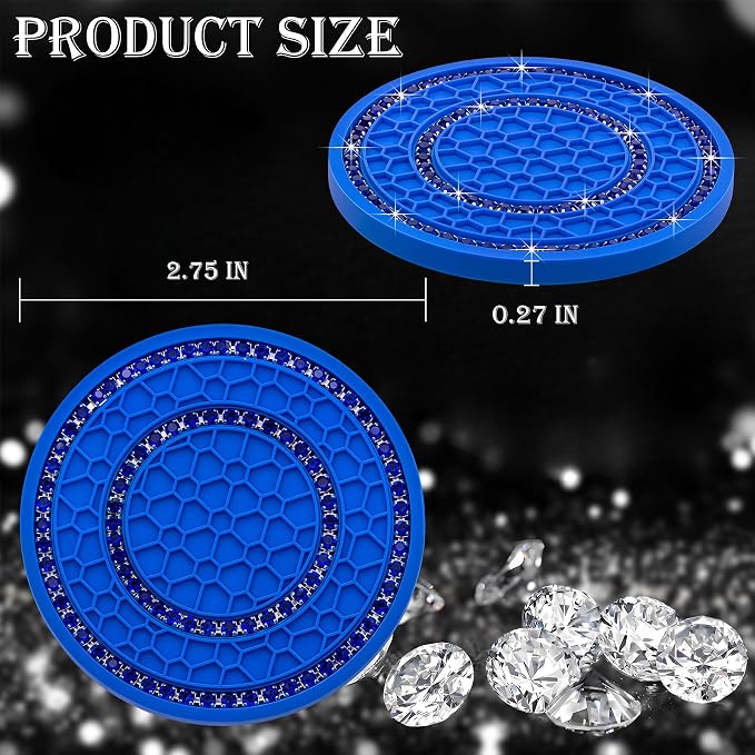 4PCS Bling Crystal Rhinestone Cup Holder Coaster, 2.75 inch Soft Silicone Anti-Slip Shockproof, Car Cup Holder Insert Coasters, Universal Car Interior Accessories for Women (Blue)