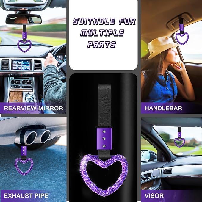 Fabbay Bling Car Accessories Bling Heart Handle Ring Car Accessory for Women Hand Strap Drift Charm Rear Bumper Warning Ring Decor for Auto Bus Interior Exterior Decoration (Purple, Heart Style)