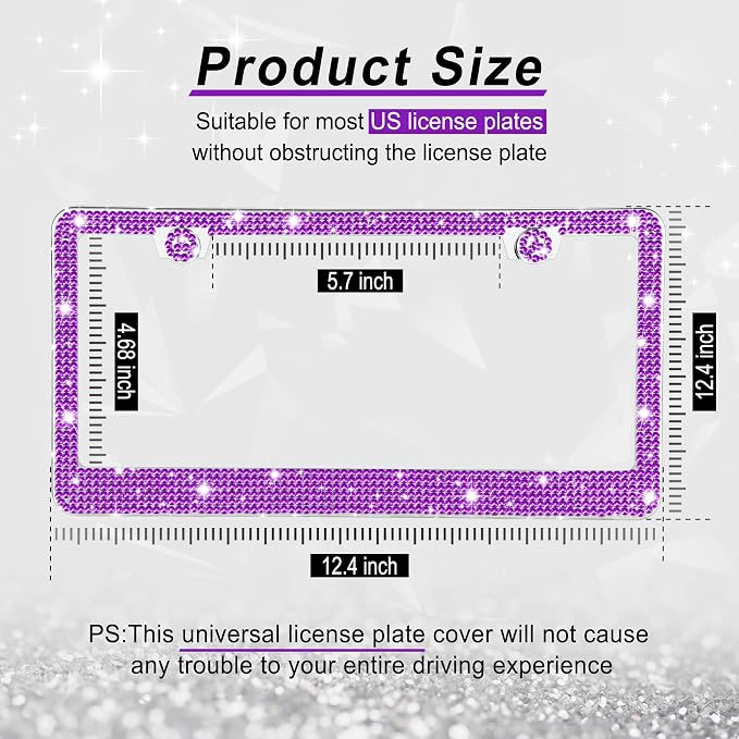 GaRhomxy Bling License Plate Frames for Women, 2 Pack Handcrafted Sparkly Rhinestone Car Accessories, Premium Stainless Steel Frame with 1000+ Faceted Glass Crystals & Free Glitter Caps (Purple)
