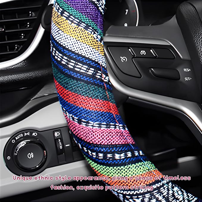 Boho Steering Wheel Cover, Anti-Slip Coarse Flax Cloth Ethnic Style Auto Wheel Cover, Breathable Boho Auto Steering Wheel Protector for Women Men, Car Accessories (Style B)