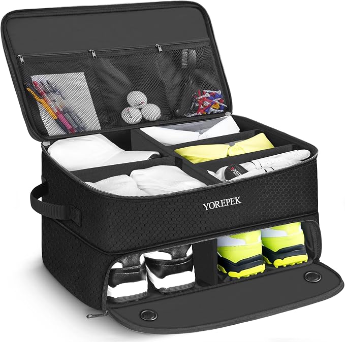 YOREPEK Golf Gifts for Men, 2 Layer Golf Trunk Organizer for 2 Pair Shoes | Waterproof Car Trunk Locker with Separate Ventilated Compartment for Balls, Tees, Clothes, Gloves, Birthday Gifts for Golfers